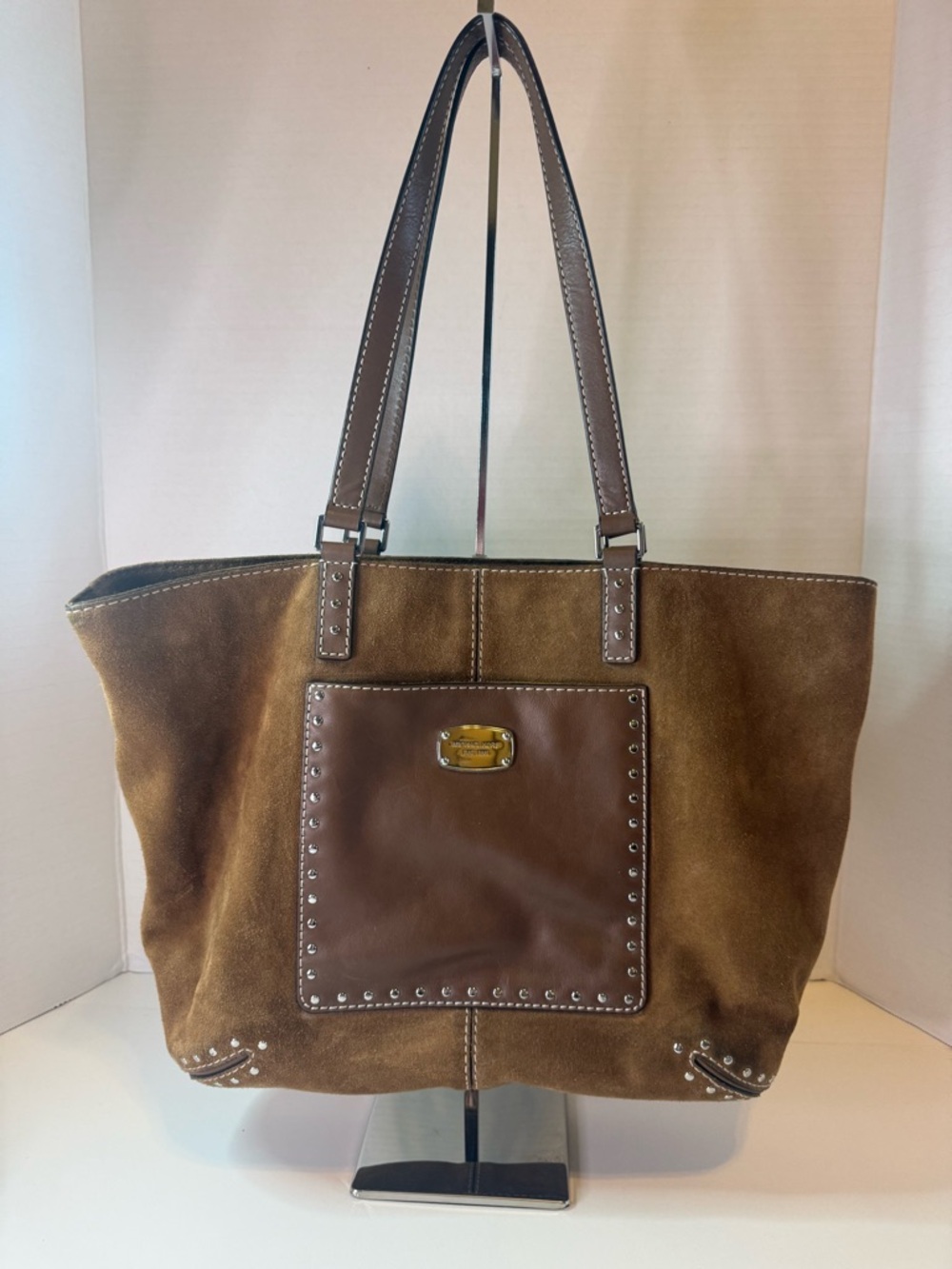 Michael Kors Astor Studded Carmel Suede & Leather Large Shoulder Tote Bag